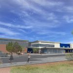 Architect's rendering showing the design of the front exterior of the new Deming High School